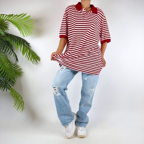 Vintage 90s Indie Grunge Red Striped Short Sleeve Oversized Polo Shirt / Sz: XL - Picture 1 of 6